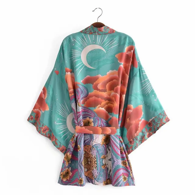 Loose Belted Moon Print Cardigan Kimono Women's Green - Shop at LoveMi
