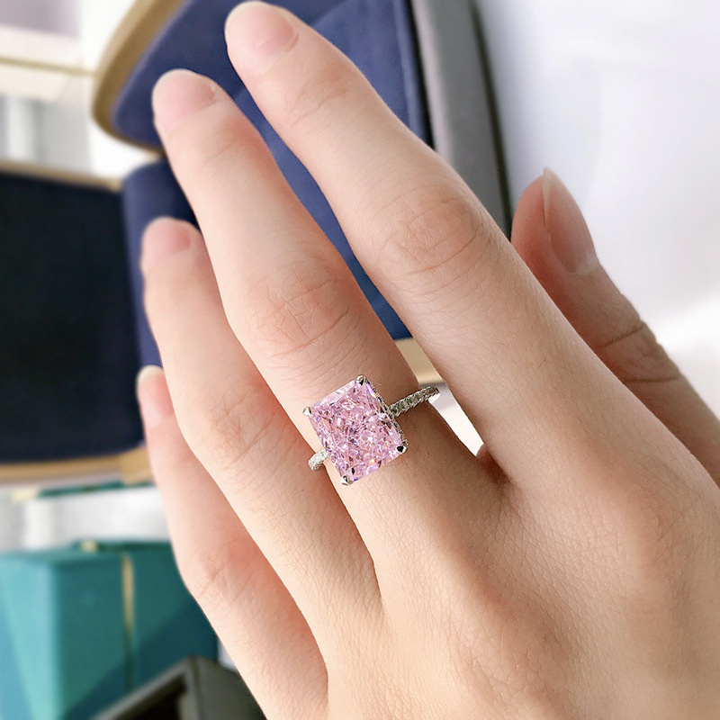 Silver High Carbon Diamond Radiant Cut Ring Women