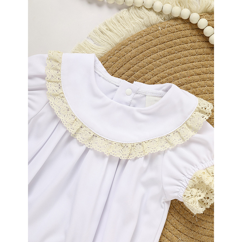 Baby Girl White Lace Romper Soft & Stylish Short Sleeve Bubble Jumpsuit For Wedding Season & Summer — foto 11