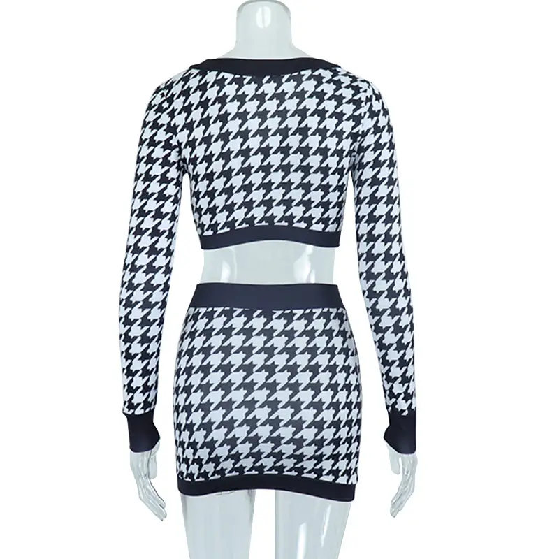 V-neck Digital Printing Houndstooth Short Top Color Matching Camouflage Skirt