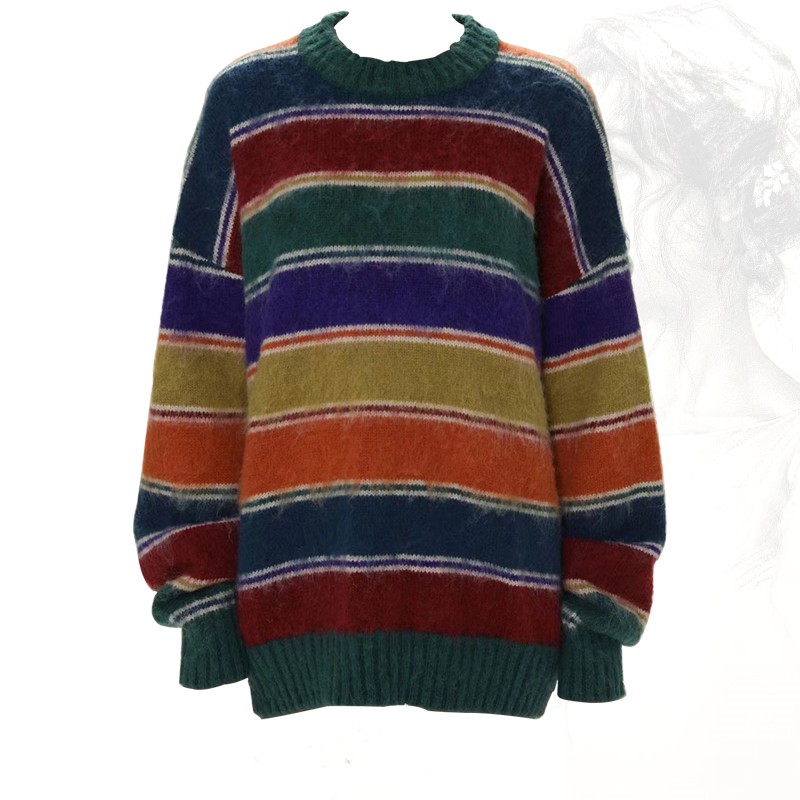 Retro Contrasting Rainbow Round Neck Sweater For Women