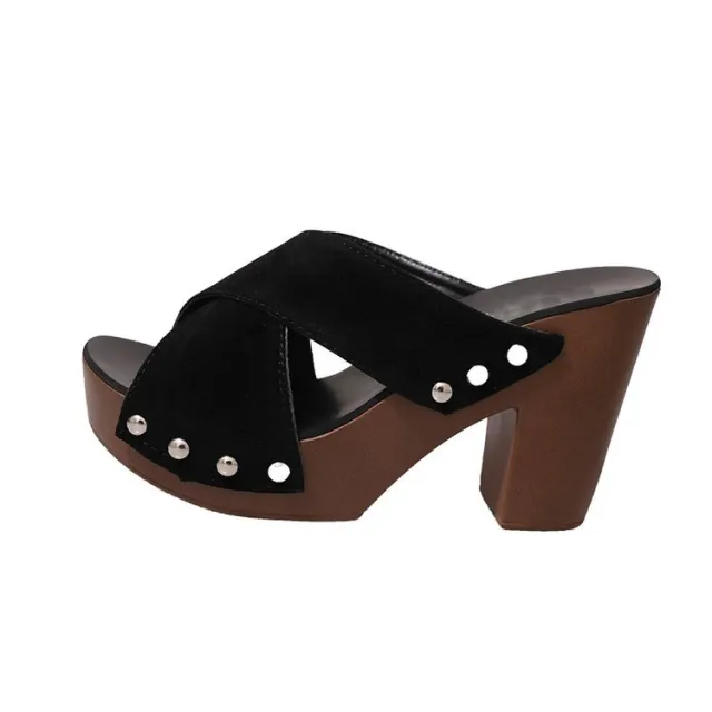 New Women's Fashion Cross Belt One Word Sandals Women's Thick Heel High Heel Slippers Black - Shop at LoveMi