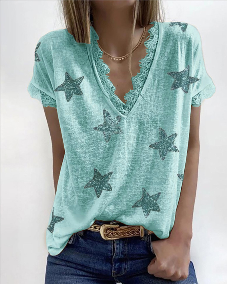 Title 5, V-neck Printed Lace T-shirt