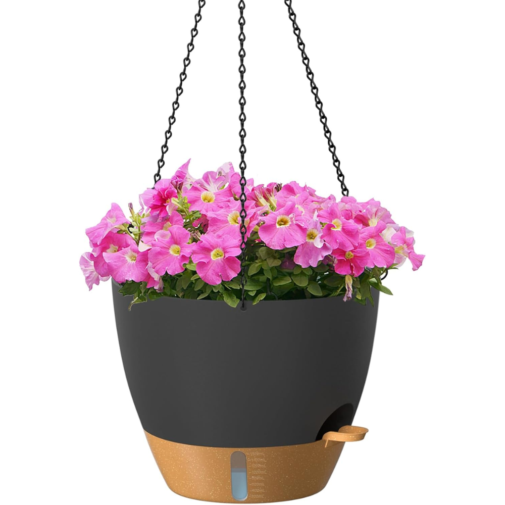 12 Inch Self-Watering Hanging Planter For Indoor Outdoor Plants With Drainage Holes Removable Saucer Black