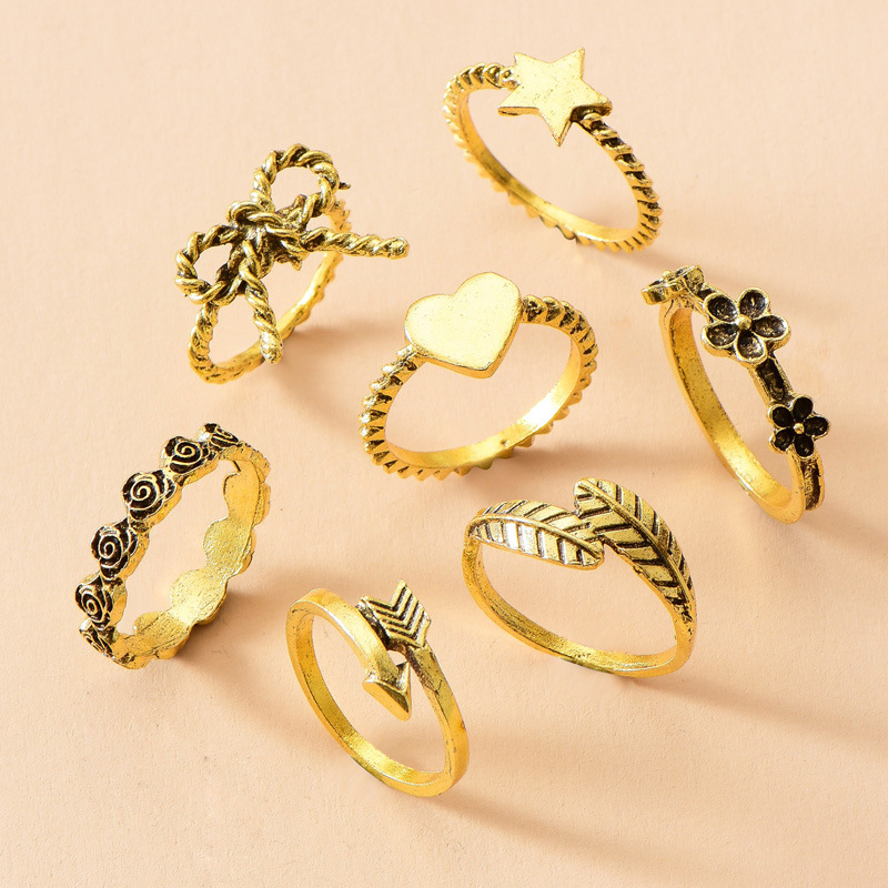Fashion Peach Heart Bow Knot Flower Ring 7-piece Set
