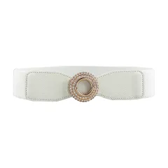 New Ladies Diamond Inlaid Rhinestone Elastic Elastic Belt Simple Round Buckle Skirt Shirt Decoration Suit Belt - White - View 1