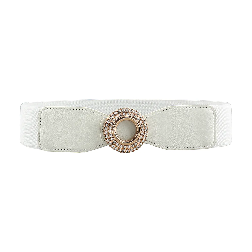New Ladies Diamond Inlaid Rhinestone Elastic Elastic Belt Simple Round Buckle Skirt Shirt Decoration Suit Belt - White