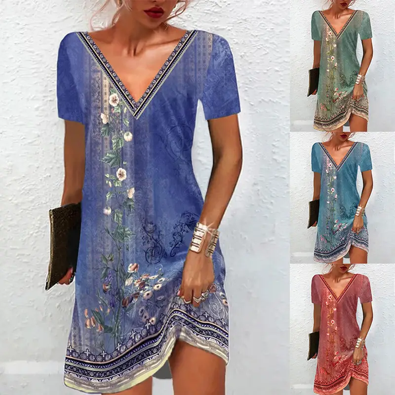 Women's Fashion Casual Printing V-neck Short Sleeve Dress