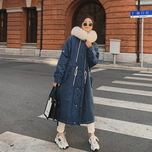 Korean Style Loose Padded Jacket With Waist And Velvet Thick Blue - Shop at LoveMi