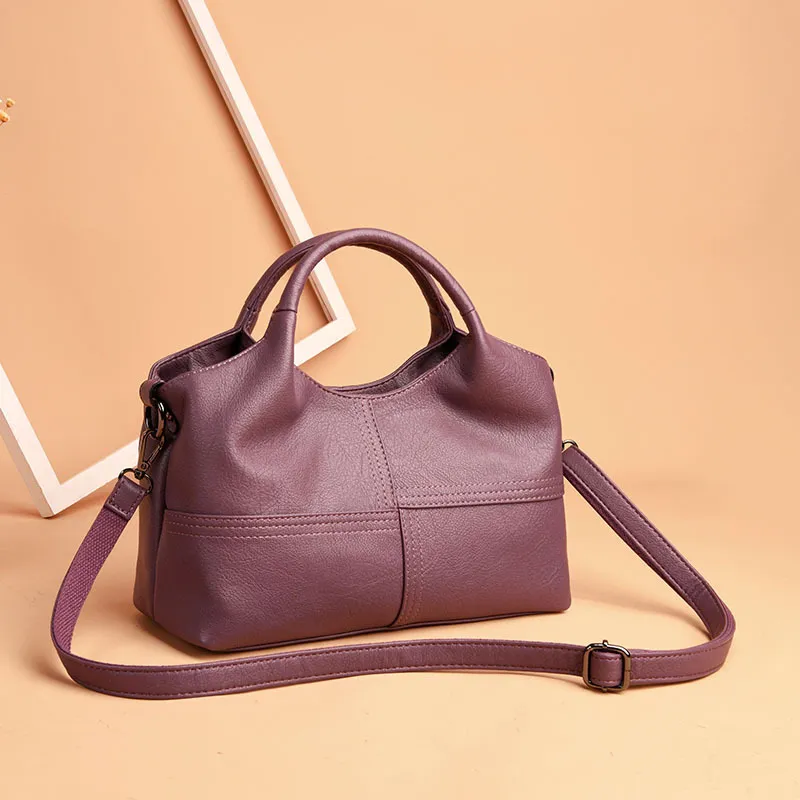 Lightweight Splicing Soft Leather Large Capacity Fashionable Mother Bag - Purple