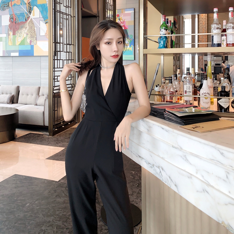 Temperament High-waisted Draped Black Neck Jumpsuit - Image 8
