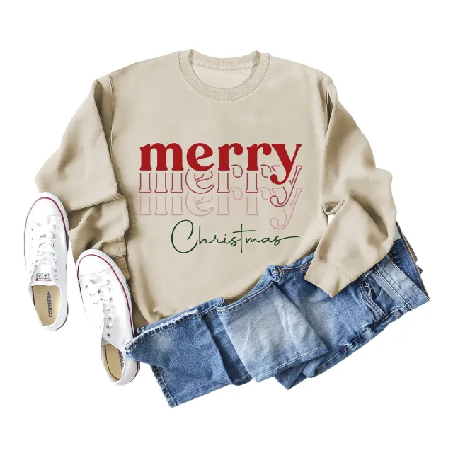 Letter Round Neck Christmas Loose Long Sleeve Sweater Girl Sand S - Shop at LoveMi