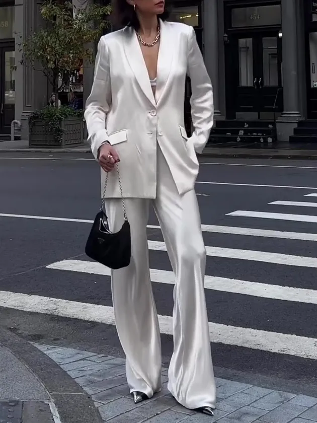 Solid Color Loose Blazer & High waisted Pants Set White - Shop at LoveMi