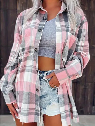 Yellow Plaid Shirt Jacket Blouse Women's Blouse Pink - Shop at LoveMi