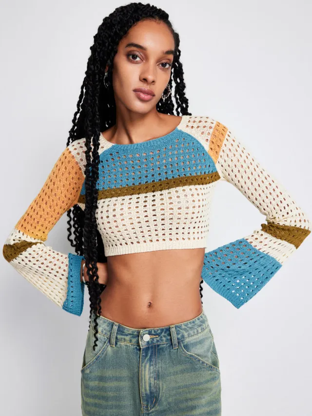 Contrasting Color Stitching Long sleeved Hollow Sweater Short Waist Knit Sweater Yellow - Shop at LoveMi