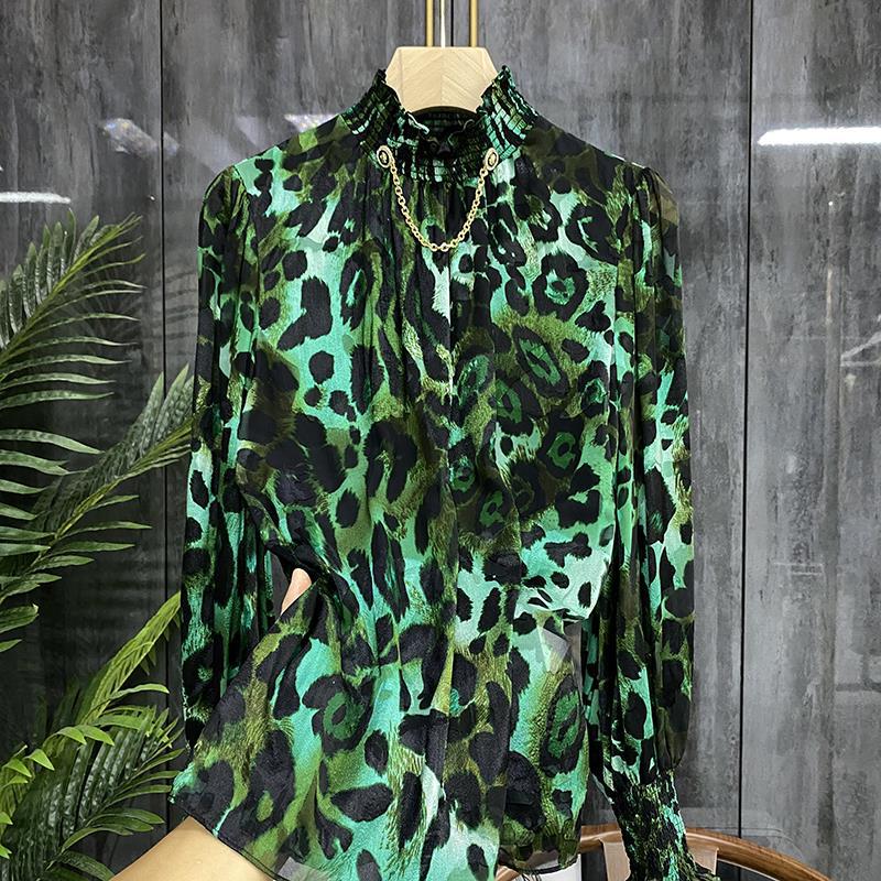 Retro Stand Collar Smocking Stud String Shirt Leopard Print