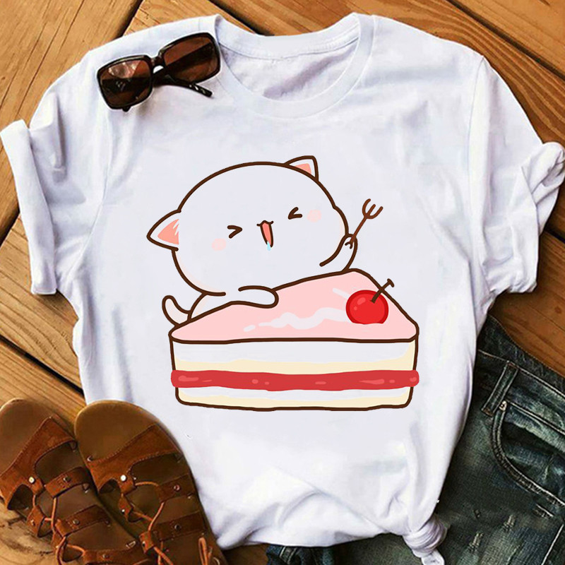 Title 10, Cute Cartoon Cat Print Couple White T-shirt Loo...