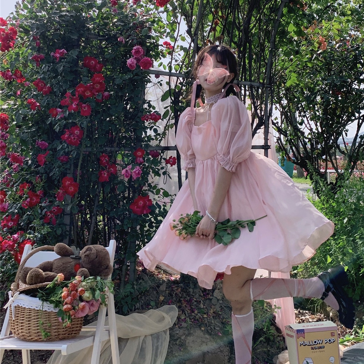  Summer Sweet Temperament Square Neck Short Gentle Girl Waist Waist Short Sleeve Dress