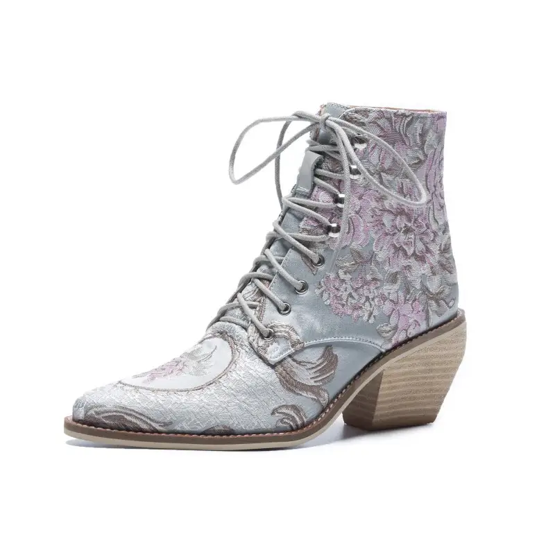 Vintage Hand-embroidered Lace-up Flower High-heeled Ankle Boots