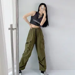 Women's Grey Loose Straight Cargo Pants - Army Green - View 1