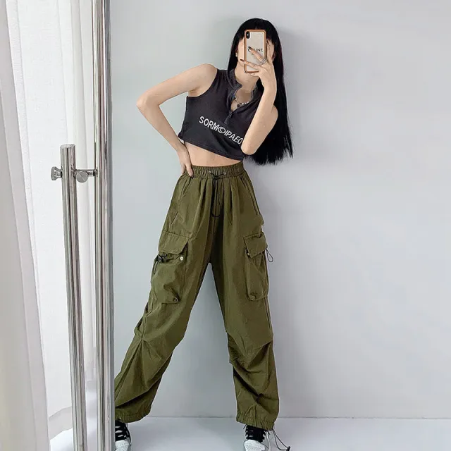 Women's Grey Loose Straight Cargo Pants Army Green - Shop at LoveMi