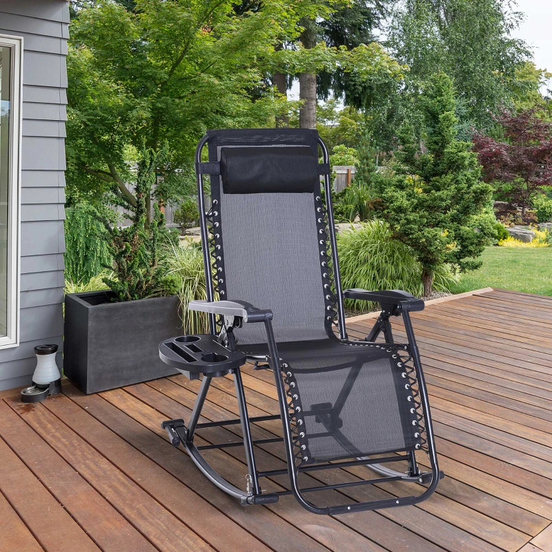 Outdoor Rocking Chairs, Foldable Reclining Zero Gravity Lounge Rocker With Pillow, Cup & Phone Holder, Combo Design With Folding Legs, Black thumbnail 11