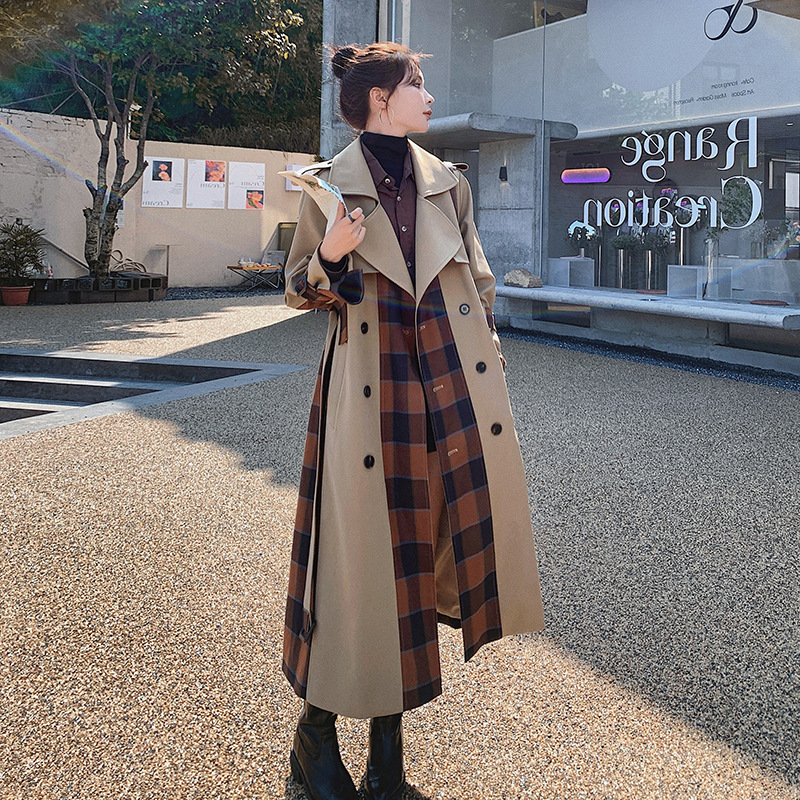 Plaid Stitching Khaki Windbreaker Women's Small Jacket Khaki - Shop at LoveMi