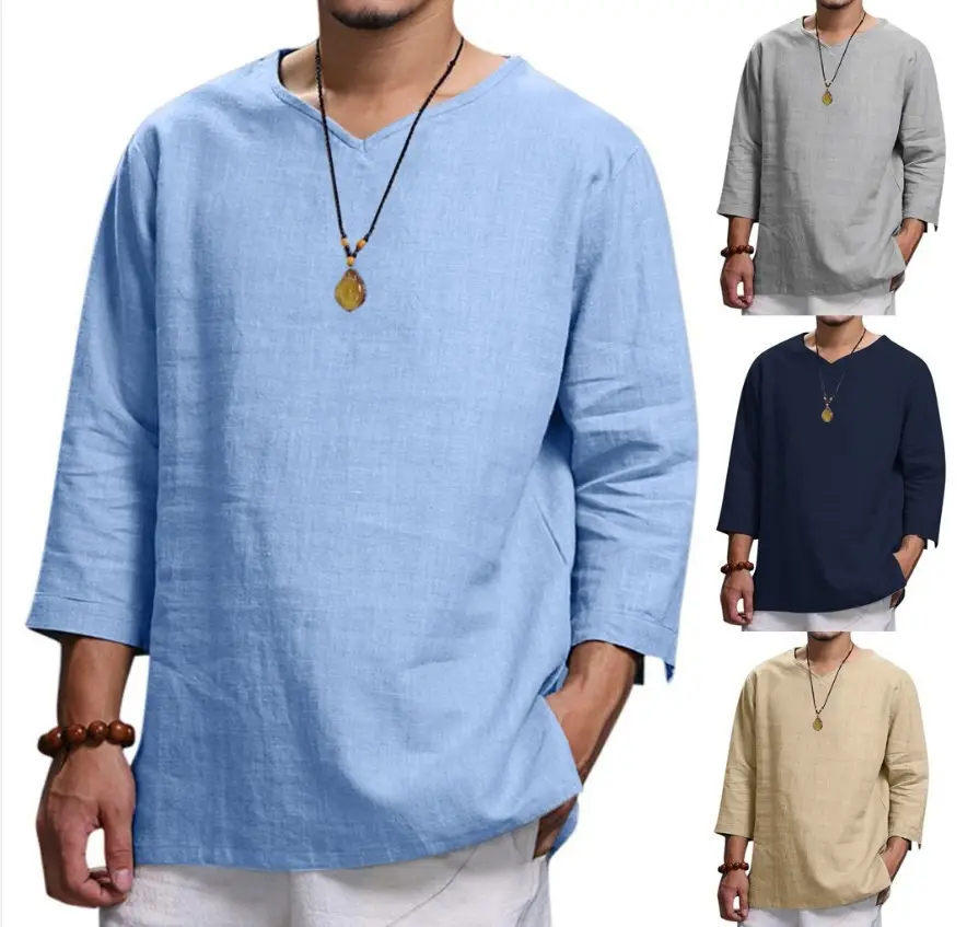 Loose Casual V-neck Top Cotton and Linen Long Sleeve