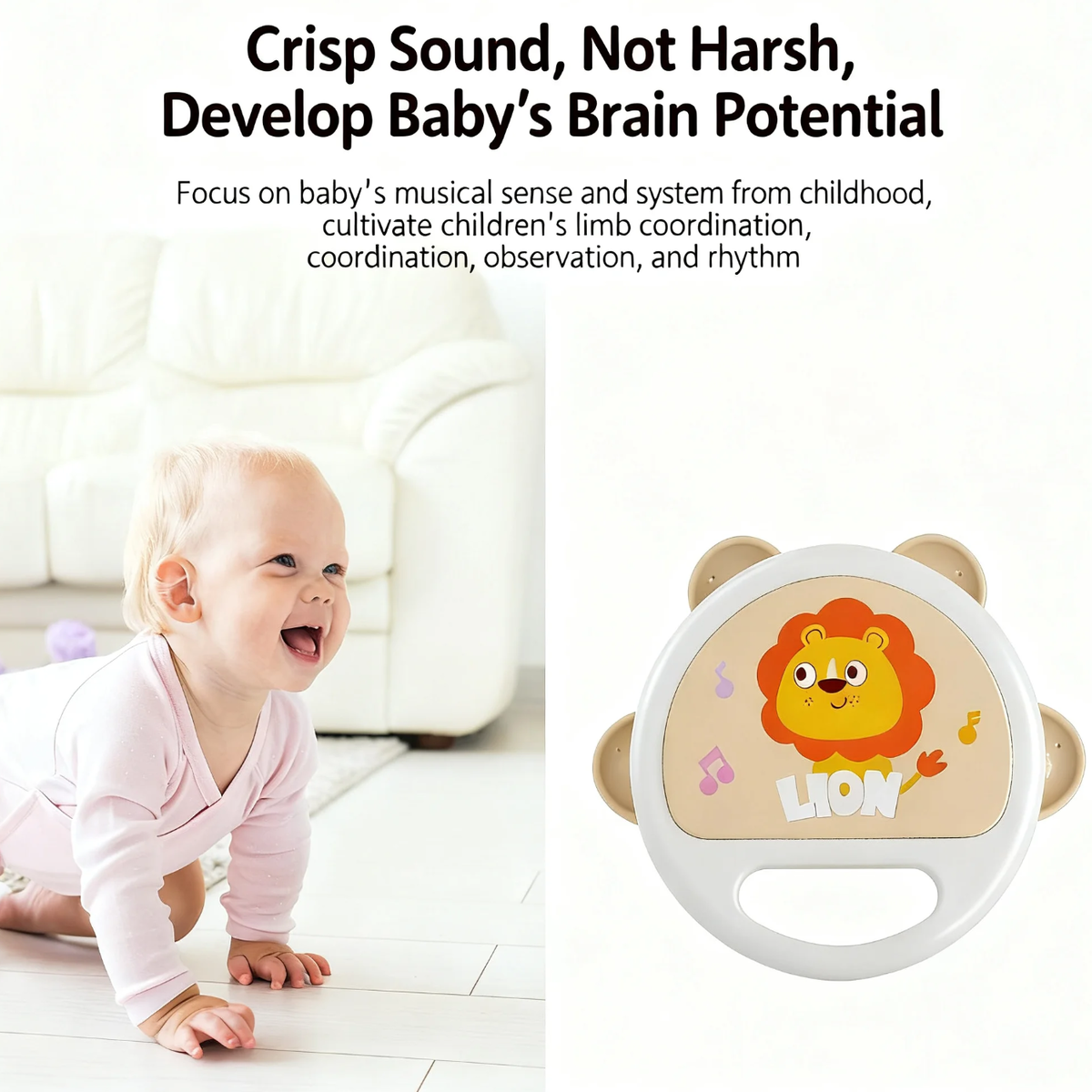 Baby Tambourine Musical Toy, Lion Hand Drum Percussion Instrument With Jingles, Early Educational Orff Toy For Infants Toddlers, BPA-Free ABS Material