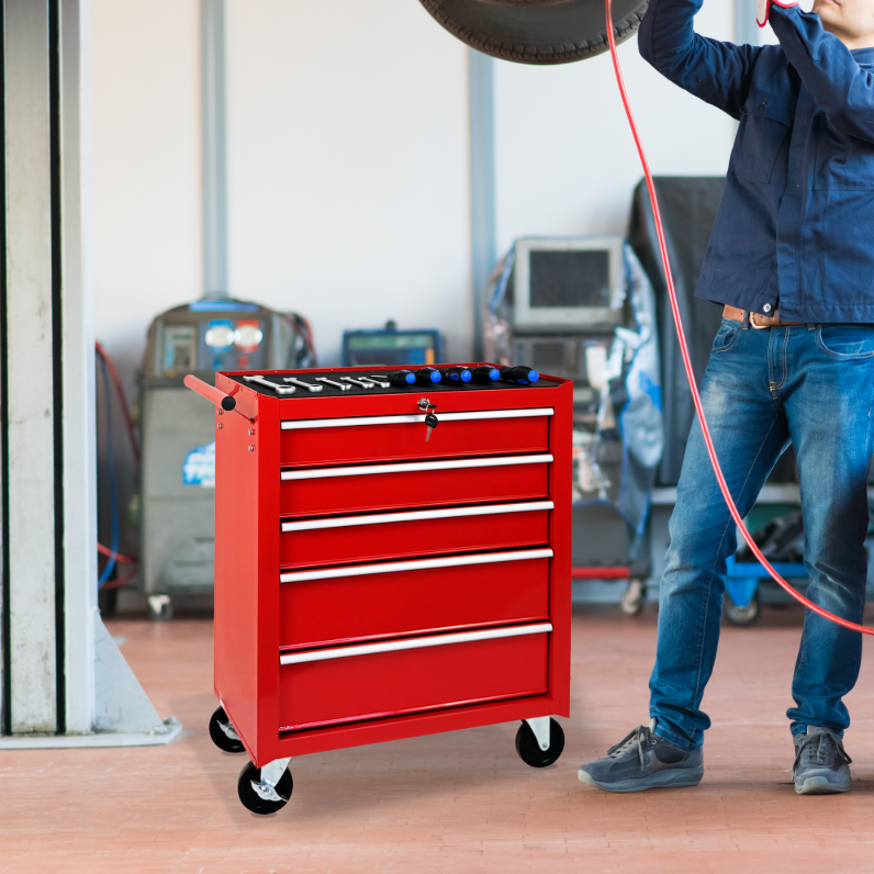 5-Drawer Rolling Tool Chest W Lock & Key, Tool Storage Cabinet With Wheels, Top Cushion & Drawer Liners, Tool Organizer Box For Garage, Warehouse & Repair Shop-RED thumbnail 13