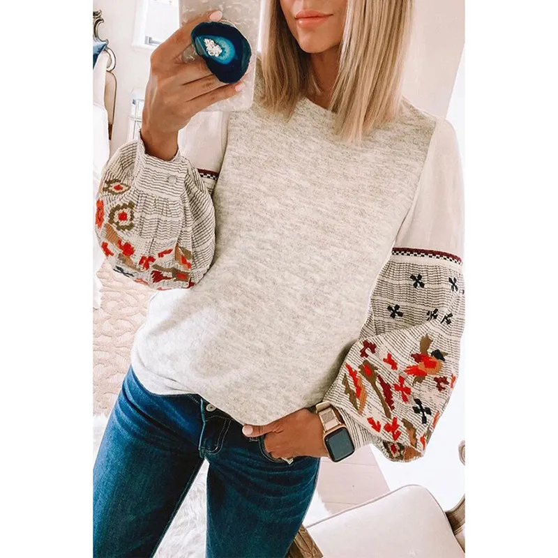 Round Neck Long Sleeve Printed Sweater Top - Apricot
