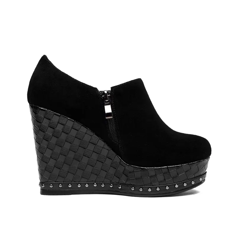 Women's Leather Side Zip Round Toe Deep High Heels