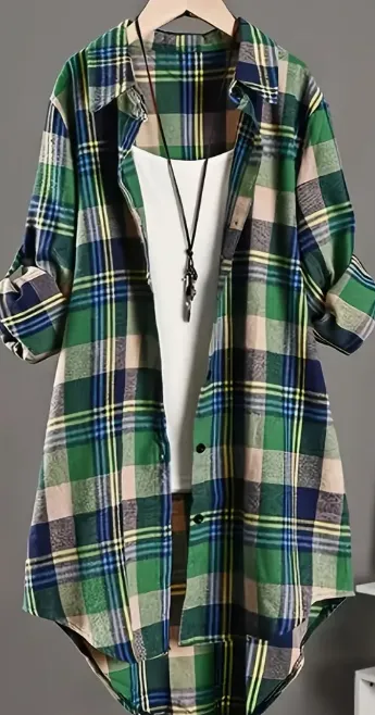 Stylish Plaid Print Womens Shirt Classic Polo Collar With Button Closure Long Sleeve Casual Wear For Spring & Fall A Wardrobe Staple For Tren... Green - Shop at LoveMi