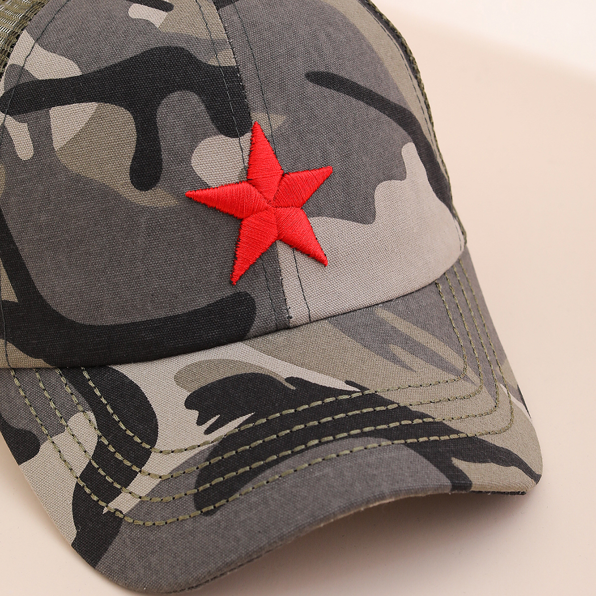 Embroidered Five-pointed Star Military Green Mesh Baseball Cap, Personalized And Casual Camouflage Canvas Baseball Cap, Fashionable And Versatile