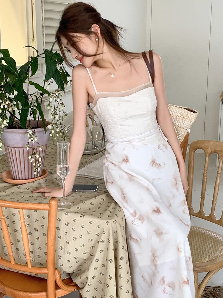 Ink Printing Women's Stitching Design Suspender Dress