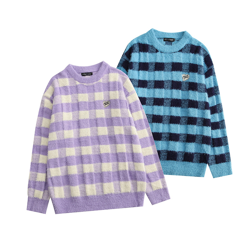 Couple Mink Fur Check Color Blocking Round Neck Sweater