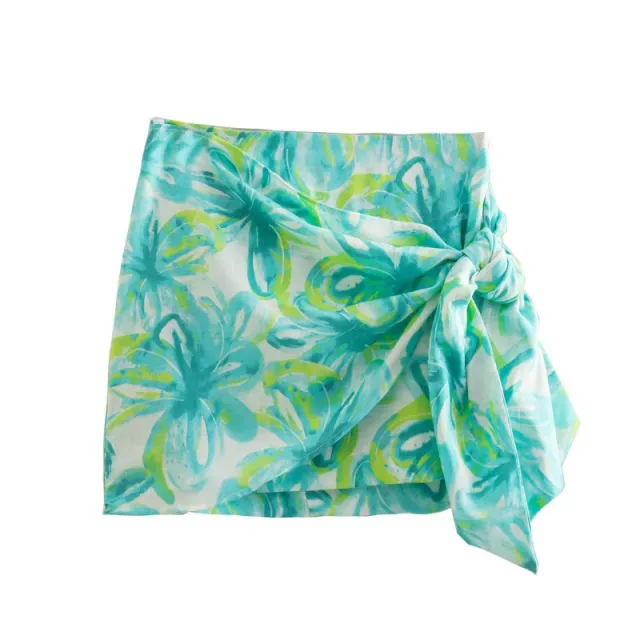 Women's Linen Tropical Print Wrap Mini Skirt Green - Shop at LoveMi