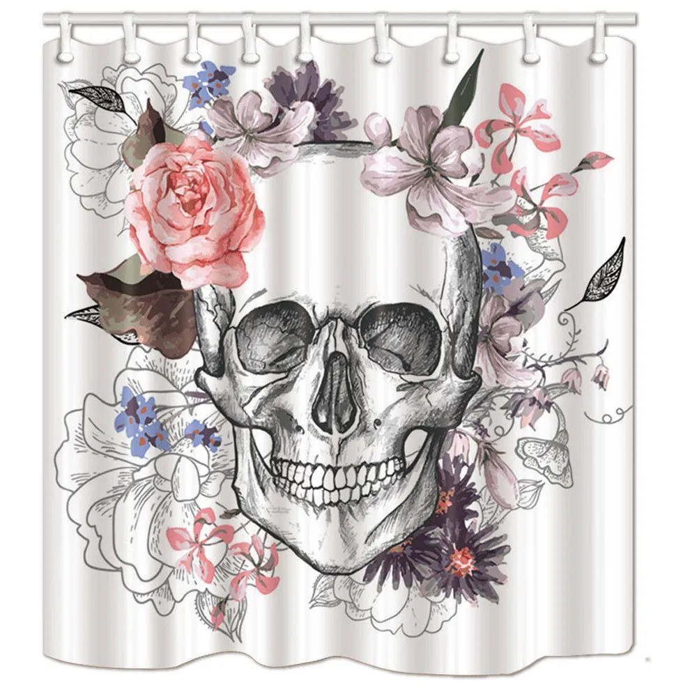 Skull Pattern Bathroom Curtain Digital Printing Polyester Partition Shower - White