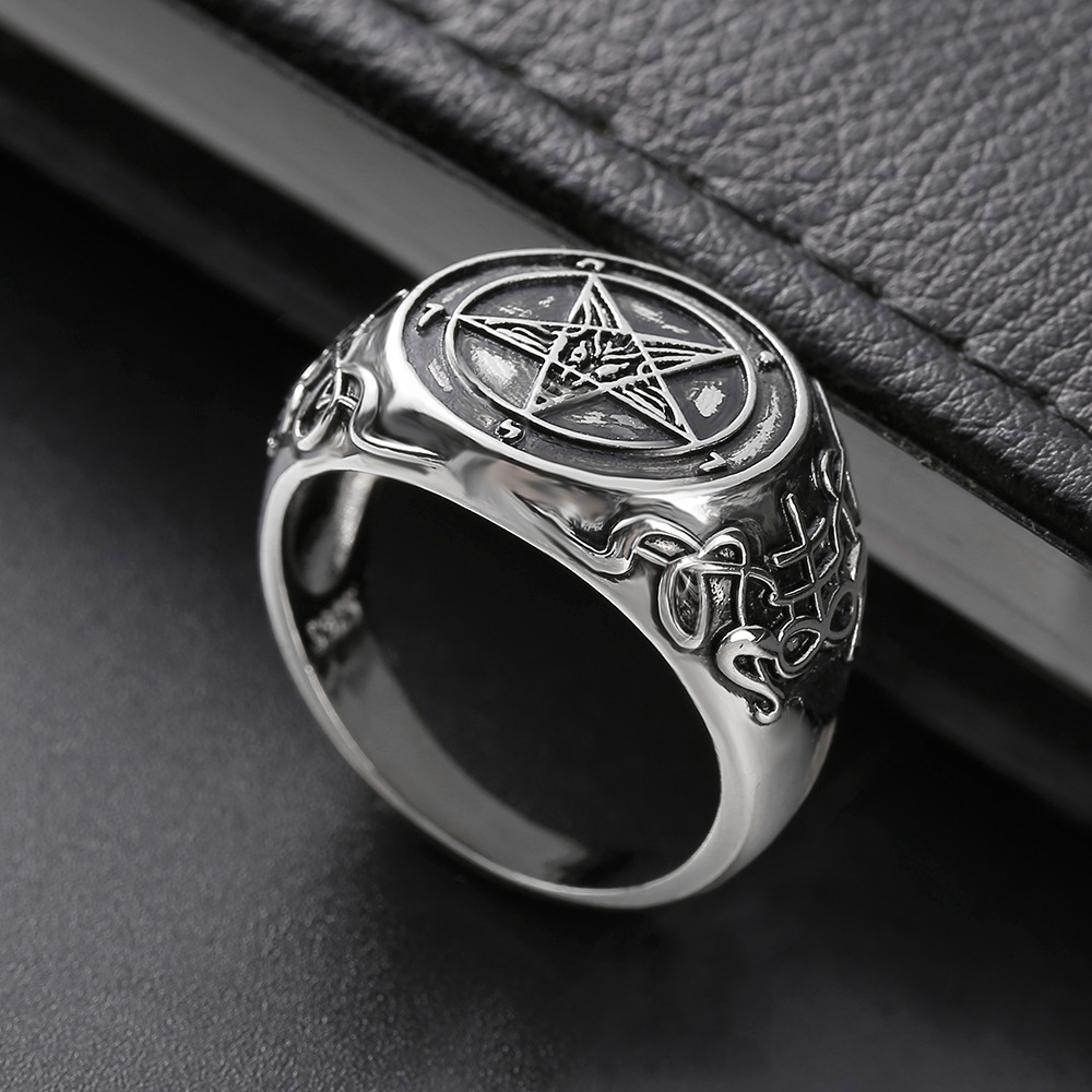 New Satan Satane Demon Ghost Sheep Head Bafengt Reversed Pentagram Band Badge Ring
