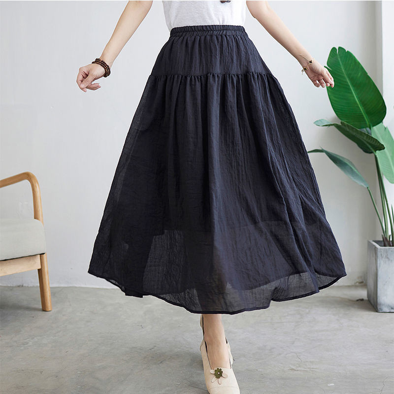 Pure Color Elastic Waist Cotton Ramie Body Pleated Long Skirt Summer Big Swing Skirt