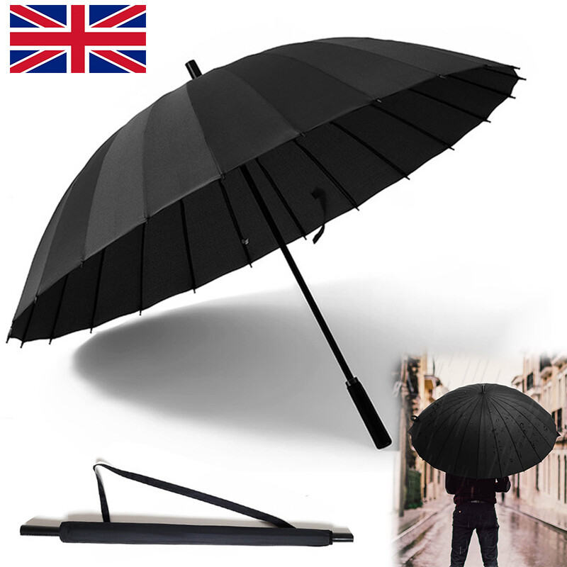 24 Ribs Umbrella Classic Large Umbrellas Strong Windproof Stormproof Black V