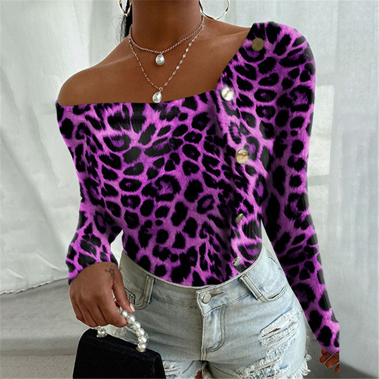 Title 4, Fashion Leopard Print Off Shoulder Long Sleeve Top