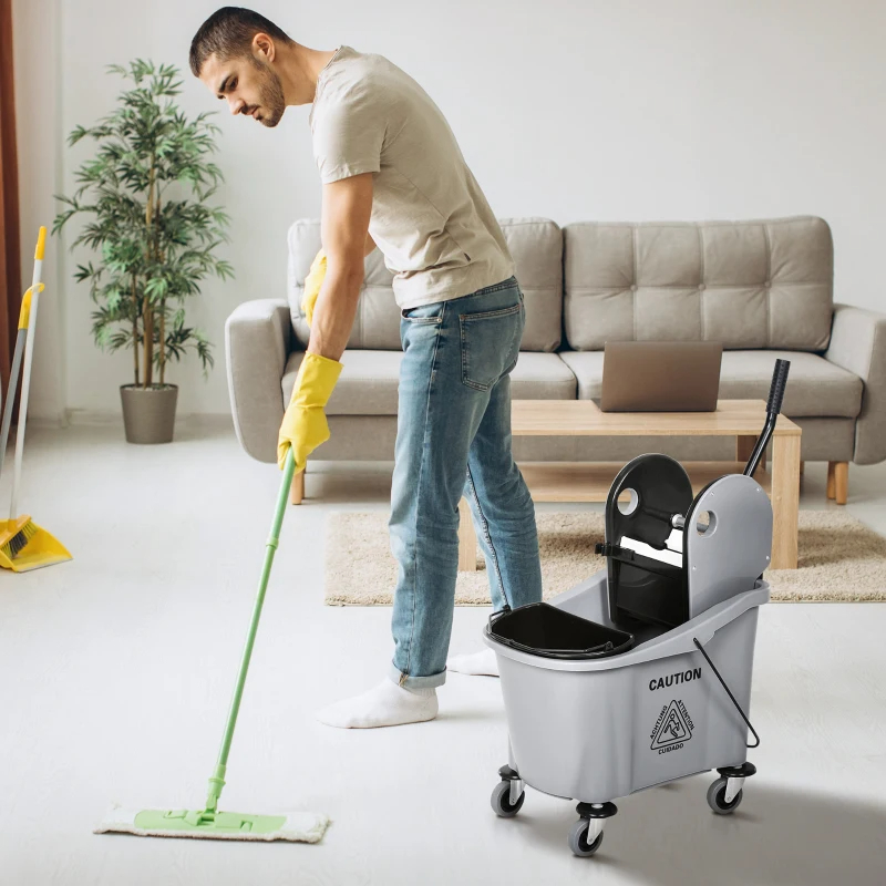 9.5 Gallon 38 Quart Mop Bucket With Wringer Cleaning Cart, 4 Moving Wheels, 2 Separate Buckets, & Mop-Handle Holder, Grey