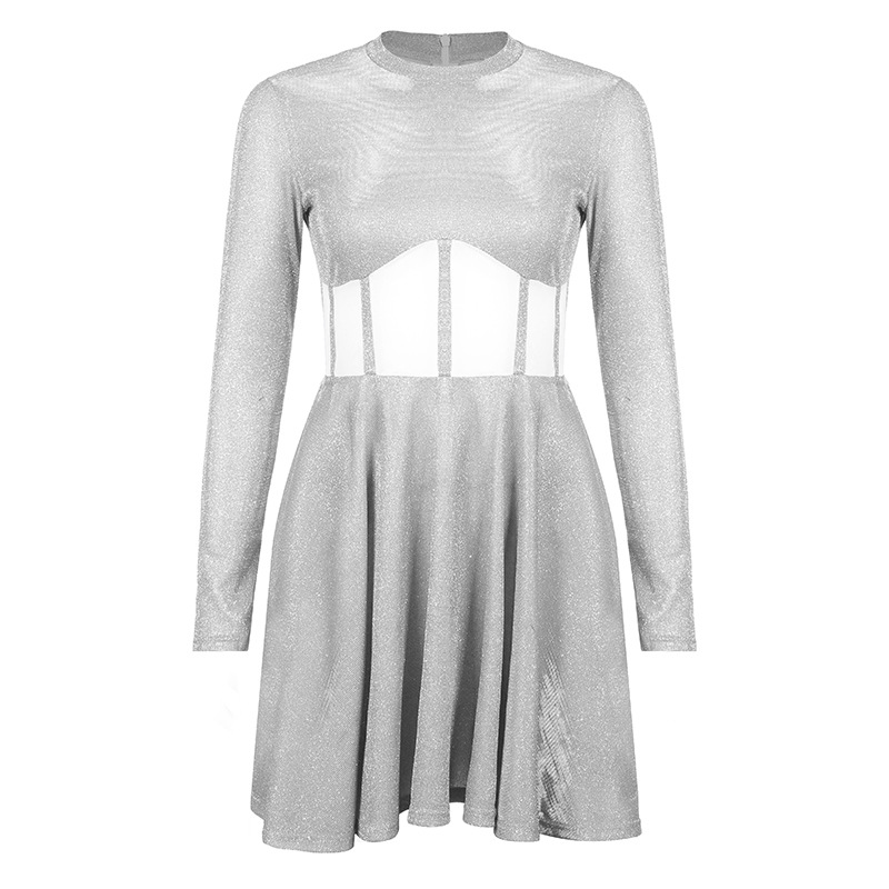 Round Neck Bright Silk Big Swing Dress Sexy Perspective Stitching White - Shop at LoveMi