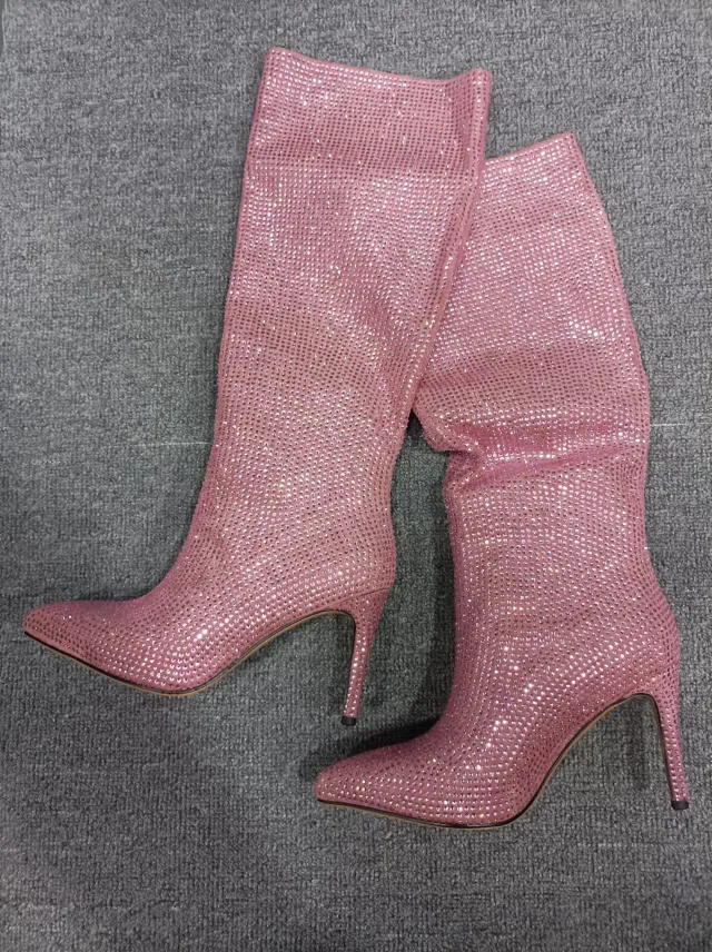 New Fashion Hot Drilling High Heel Pointed Long Tube Women's Shoes Pink - Shop at LoveMi