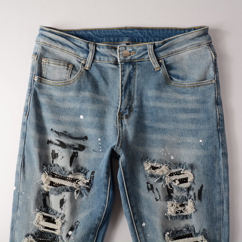 Jeans Ripped High Street Splash Ink Patch Elastic Slim Fit