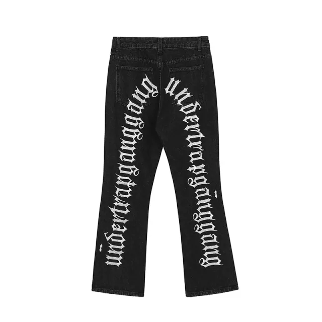 Retro Back Gothic Alphabet Embroidery Ripped Micro Horn Denim Pants Black - Shop at LoveMi