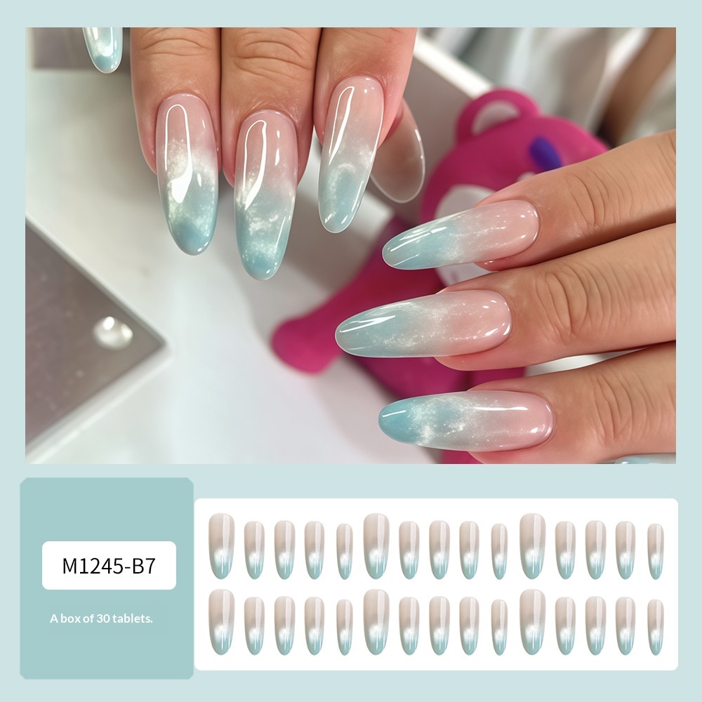 24 Pieces Of Long Oval Press-on Acrylic Nail Polish With Blue Gradient Effect, Cat-eye Gradient Style, Including 1 Piece Of Jelly Glue And 1 Nail File. Nail Accessories. — foto 2