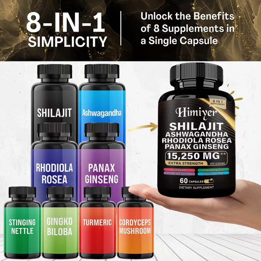 Multi-Herbal Energy Boost Supplement Capsules - 60 count - Introducing our revolutionary Nature's Synergy Formula, a comprehensive combination of Shilajit Pure Himalayan, Ashwagandha, Rhodiola Rosea, Panax Ginseng, Gingko Biloba, enriched with 8 potent in