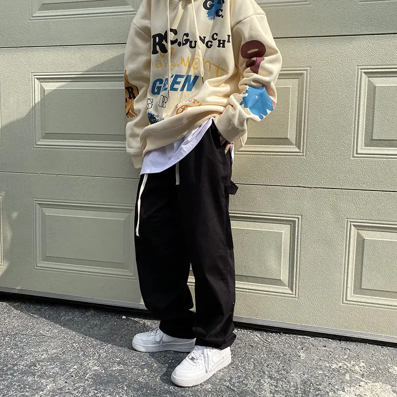 Loose Patchwork Straight Black Casual Pants